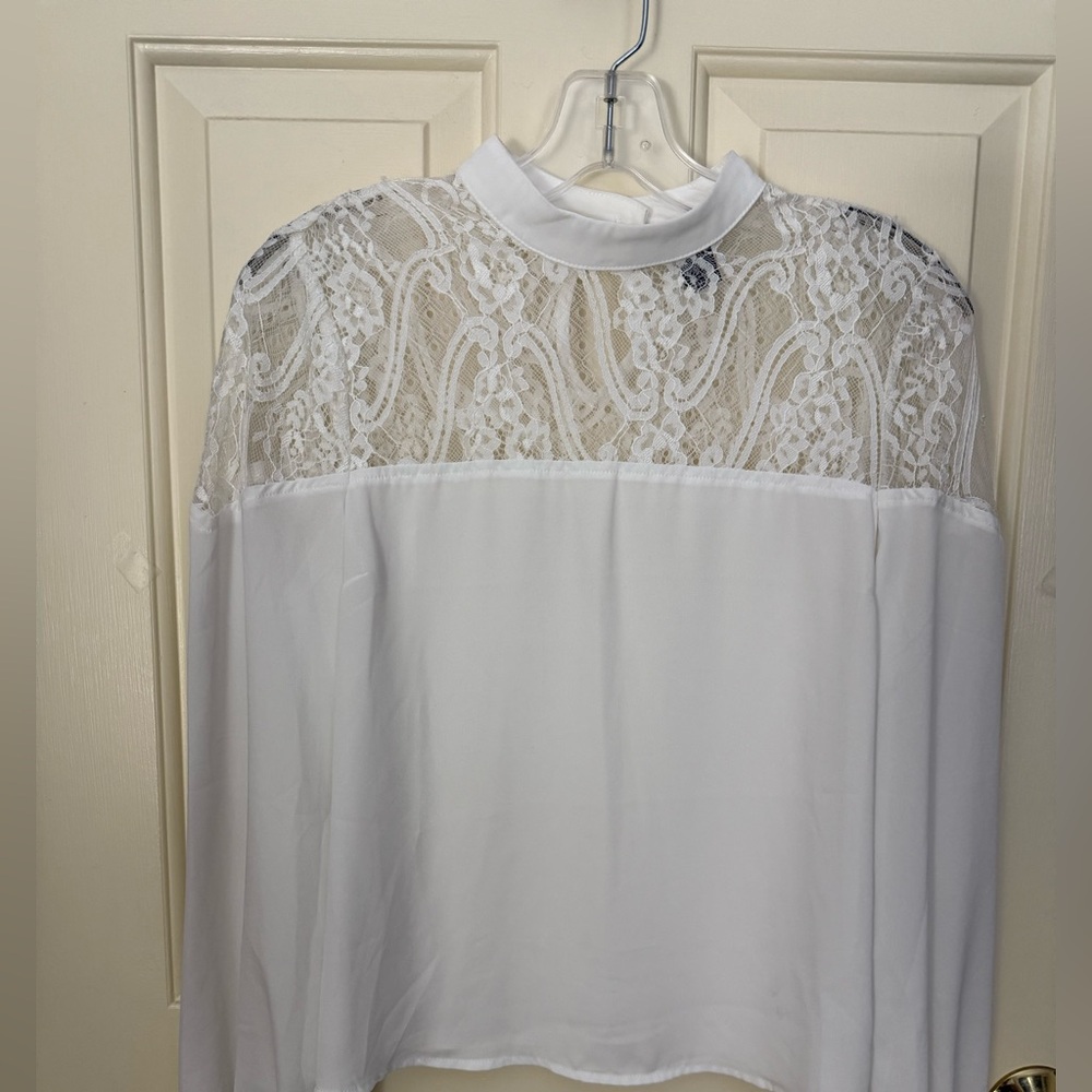Forever 21 White Lace-top Crop Blouse with Mandarin Collar